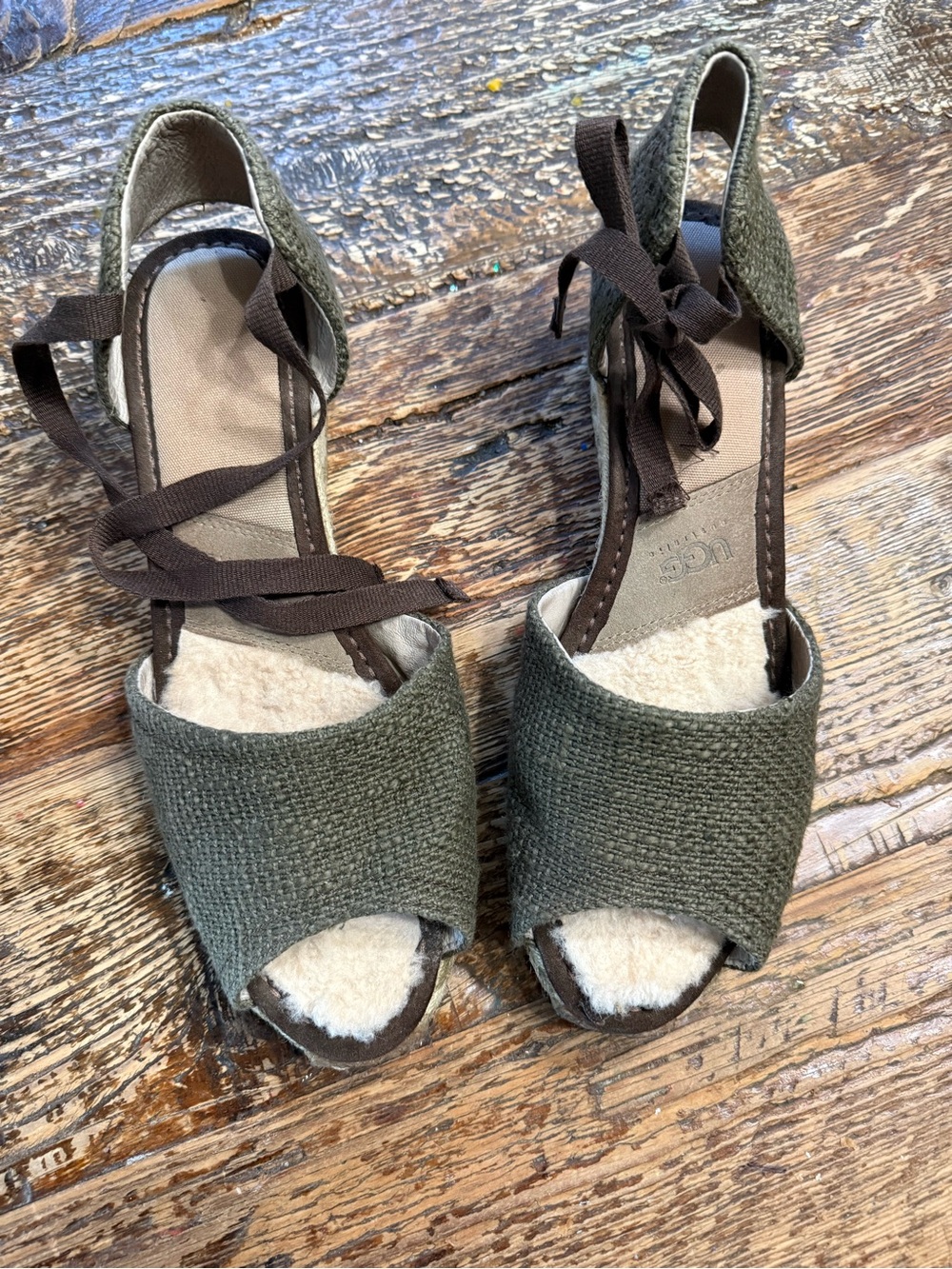 UGG Olive Green Espadrille Wedge Sandals with Brown Laces